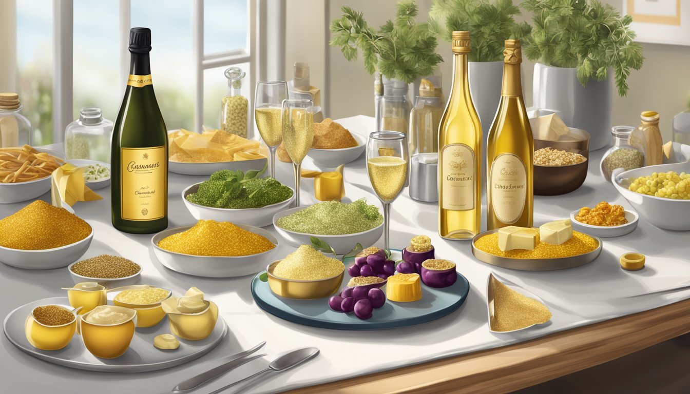 A table with a spread of gourmet ingredients, including champagne and mustard substitutes in elegant glass jars and bottles