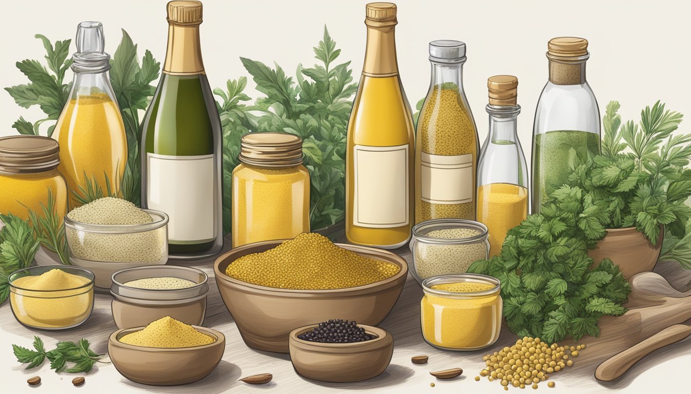 A bottle of champagne and a jar of mustard sit on a table, surrounded by various substitute ingredients like herbs and spices