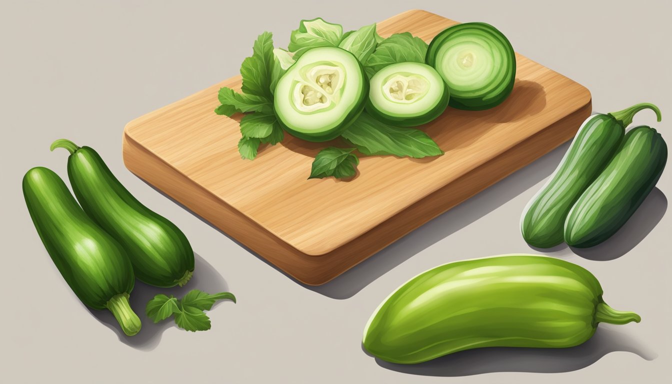 A cutting board with various alternative vegetables to chayote, including zucchini, cucumber, and green bell pepper