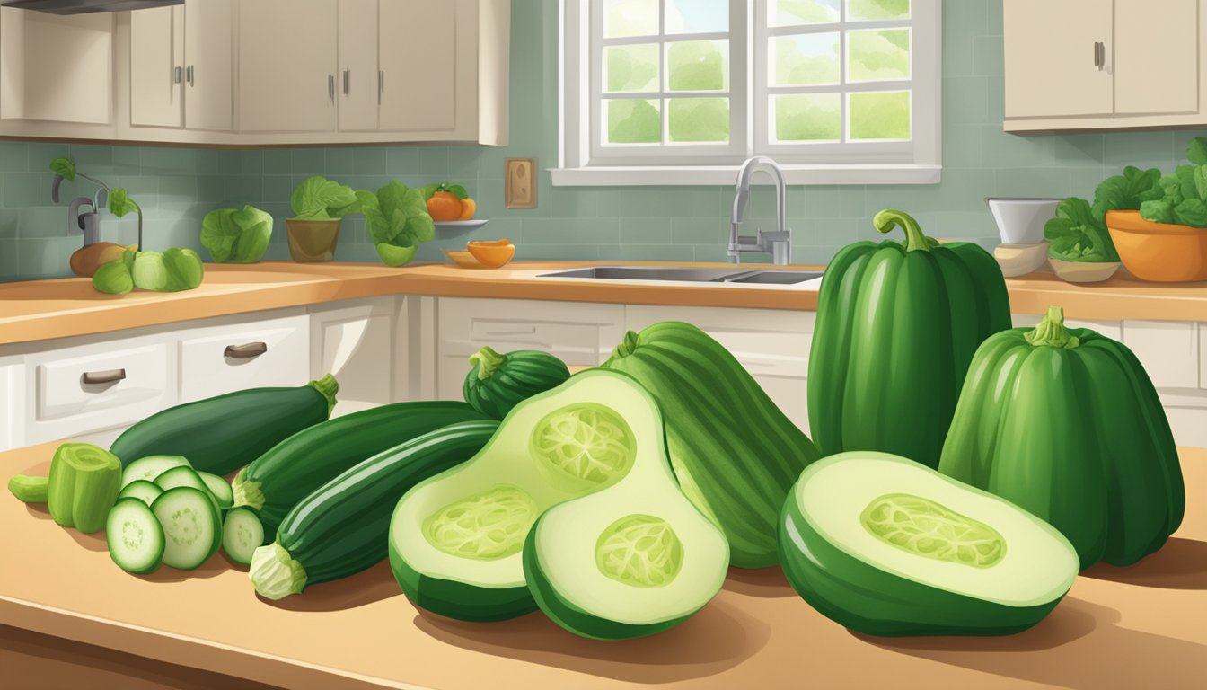 A variety of chayote squash substitutes arranged on a kitchen counter, including zucchini, cucumber, and green bell pepper