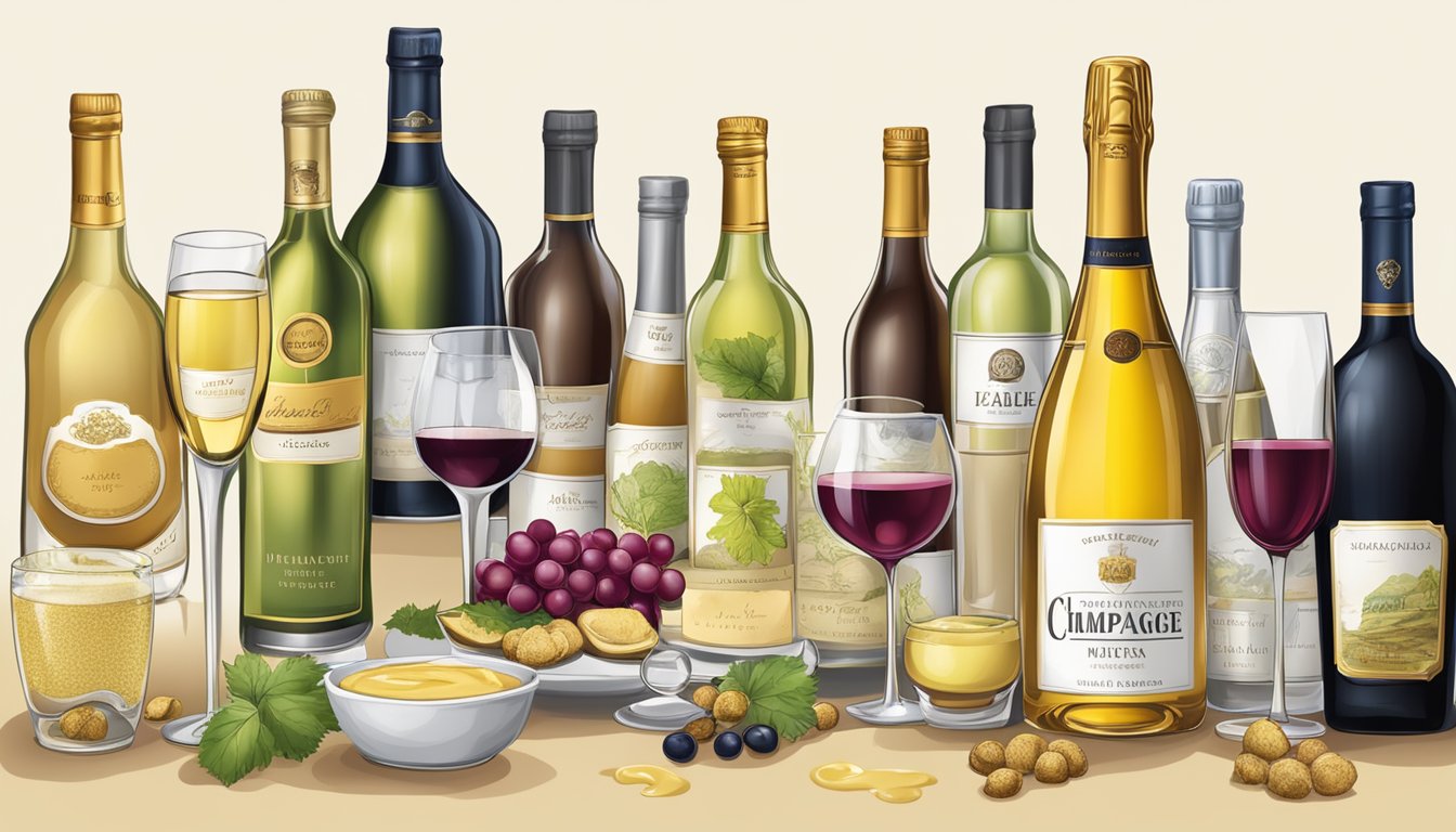 A table set with various wines, spirits, and champagne mustard substitutes