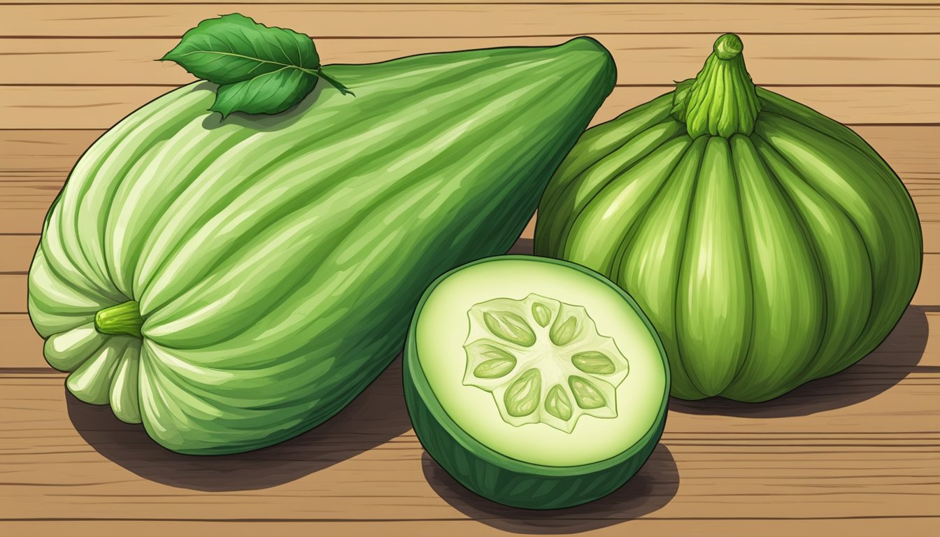 A chayote squash sits next to similar textured substitutes like zucchini and cucumber on a wooden cutting board