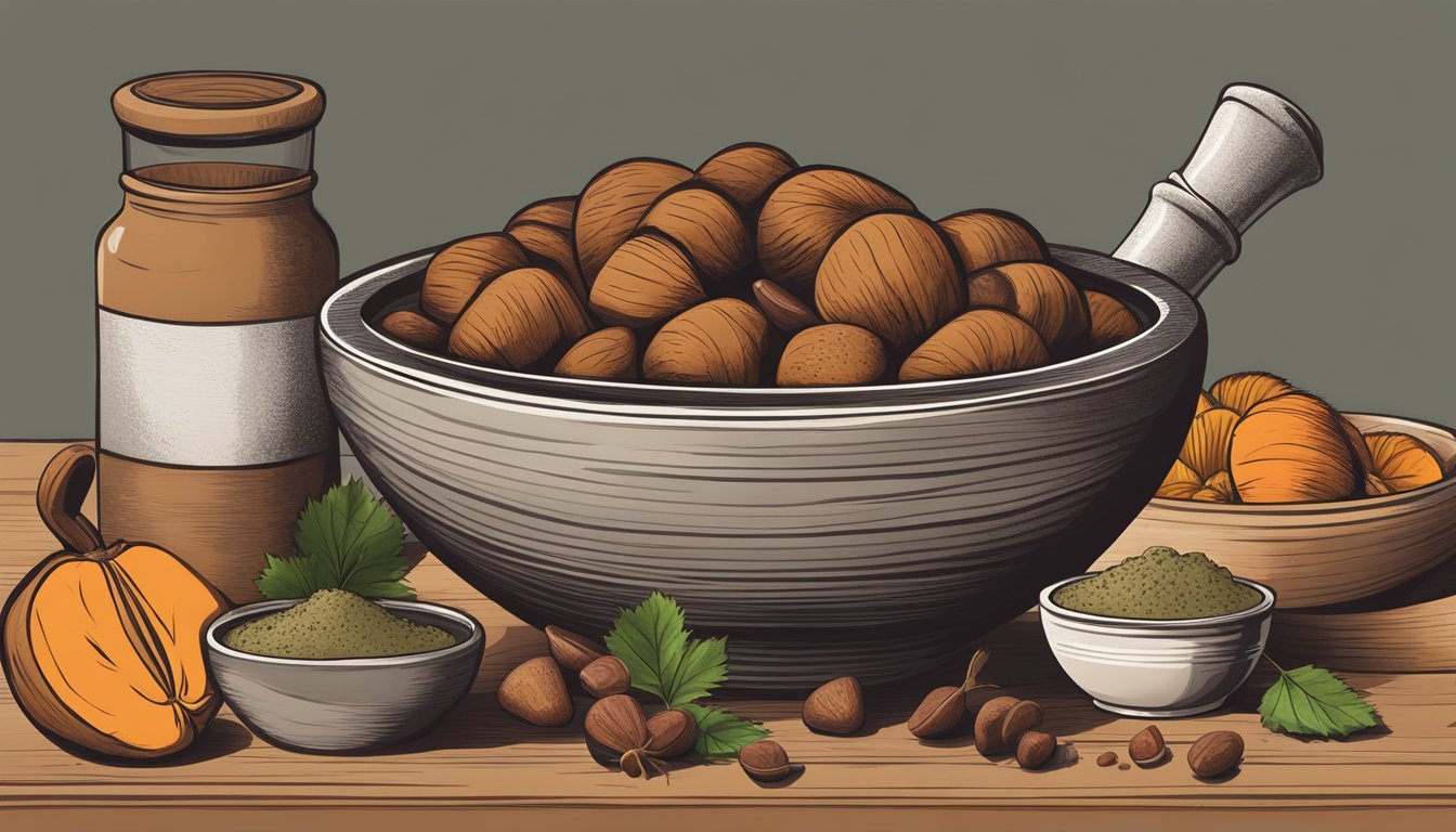 A bowl of chestnuts surrounded by alternative ingredients like sweet potatoes and pumpkin, with a mortar and pestle nearby for making puree