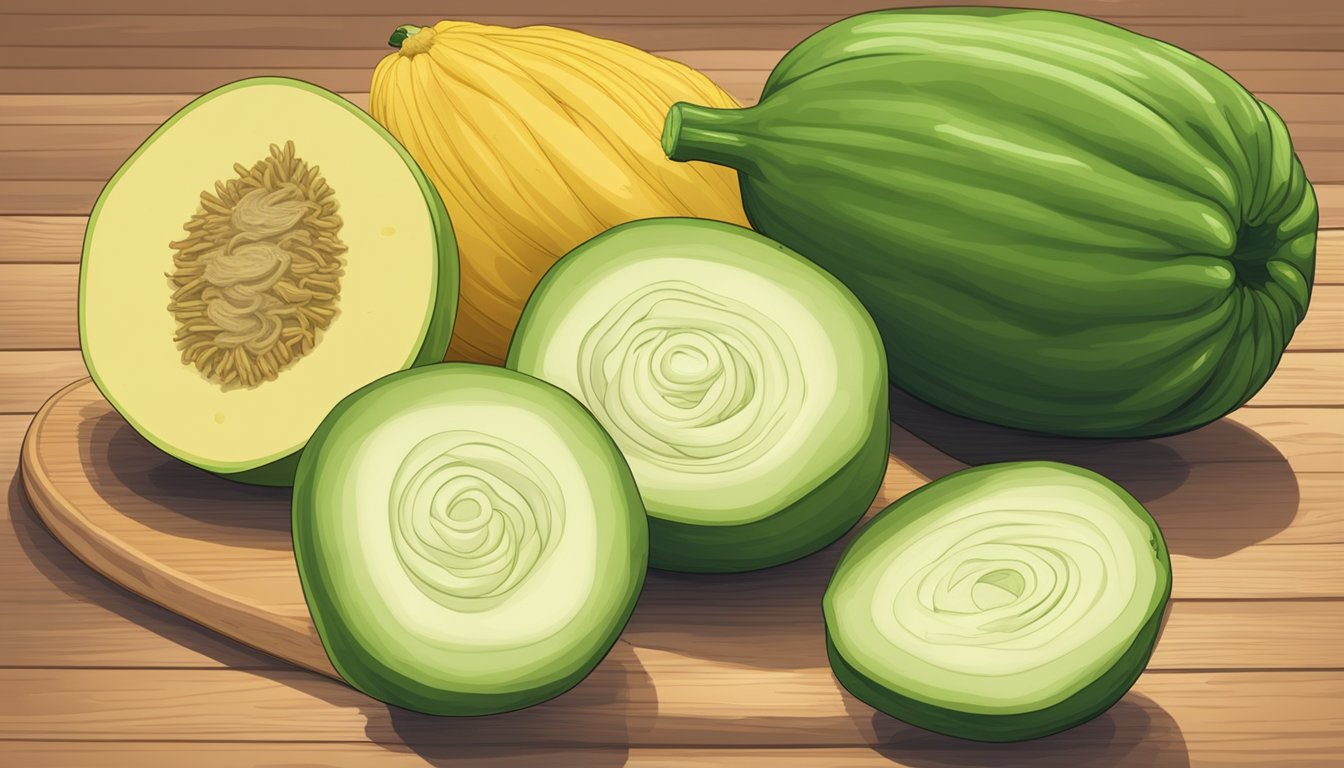 A chayote squash placed next to alternative diet options like zucchini and spaghetti squash on a wooden cutting board