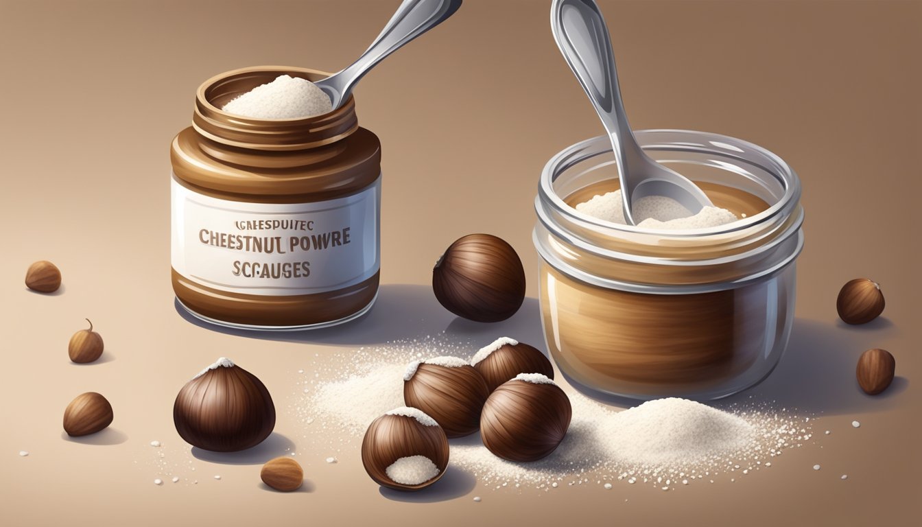 A wooden spoon scoops creamy chestnut puree from a glass jar, surrounded by whole chestnuts and a scattering of powdered sugar