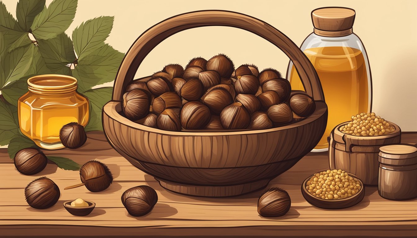 A wooden bowl filled with whole chestnuts surrounded by a pile of crushed chestnuts and a mortar and pestle. A jar of honey sits nearby