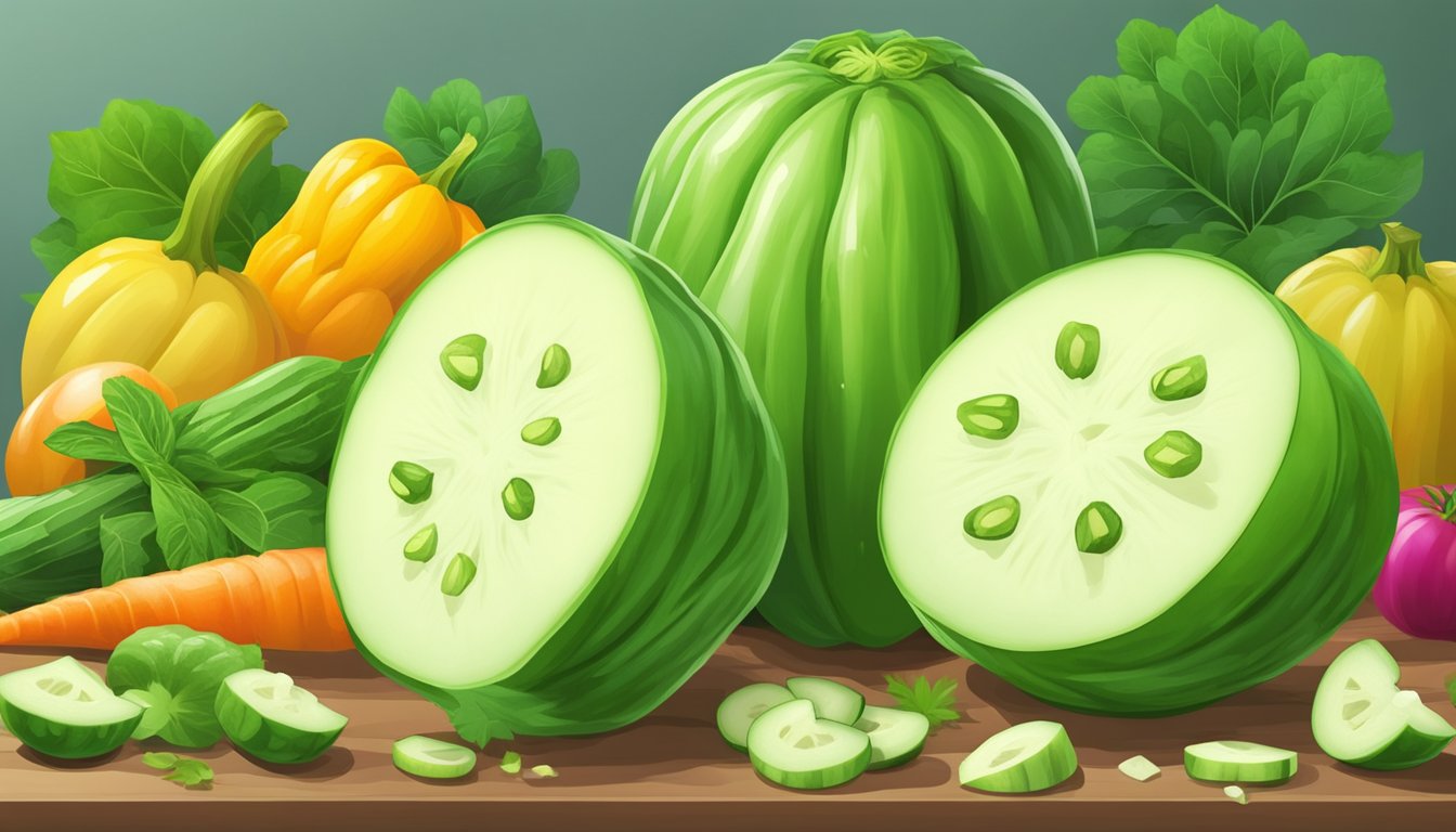 Fresh chayote squash being carefully sliced and prepared for cooking, surrounded by vibrant vegetables and herbs