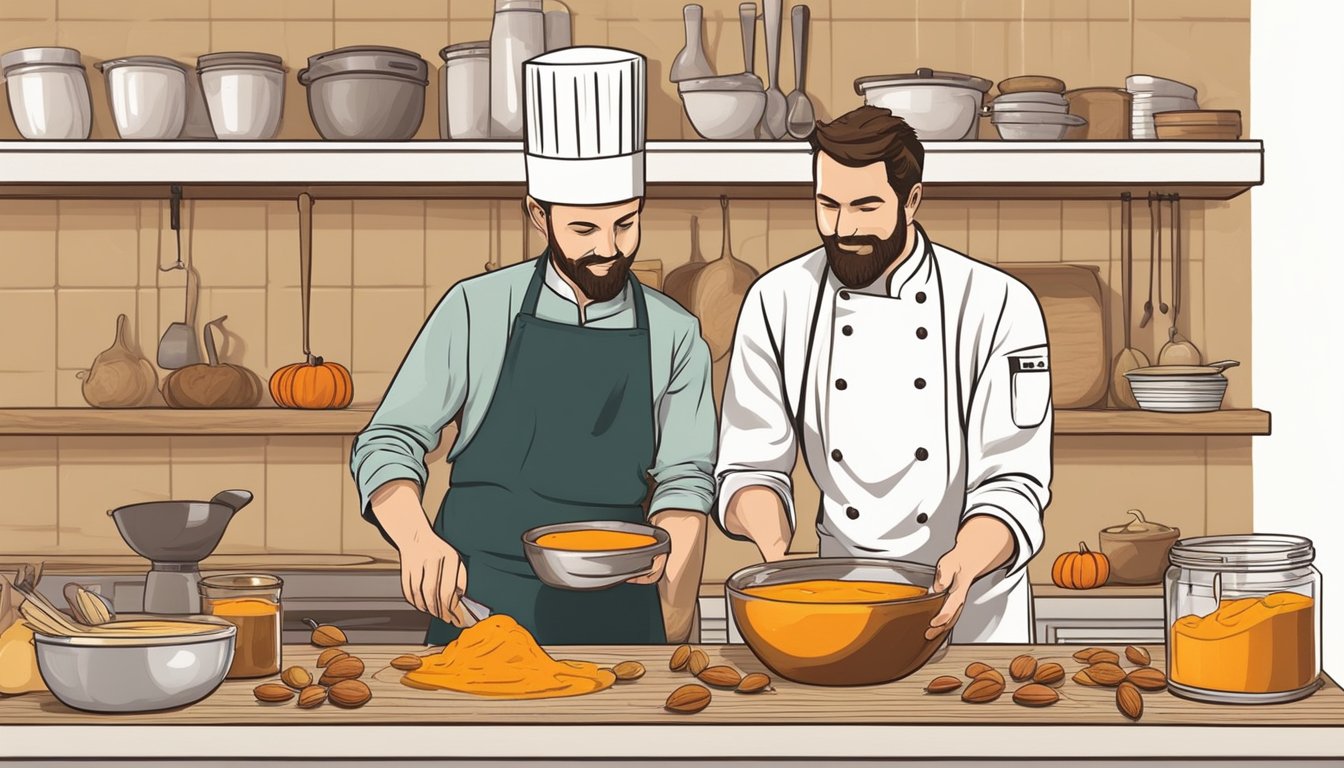 A chef swaps chestnut puree for almond, hazelnut, and pumpkin puree in a rustic kitchen