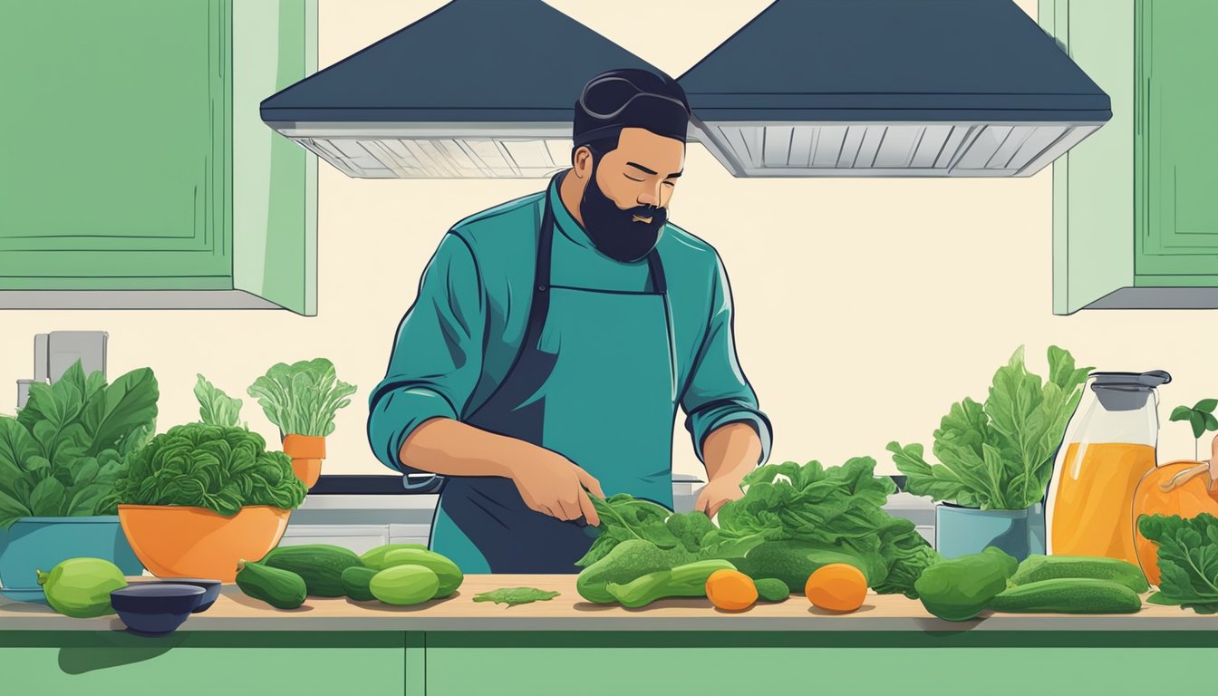 A chef holding chayote greens while exploring various substitutes in a vibrant kitchen setting