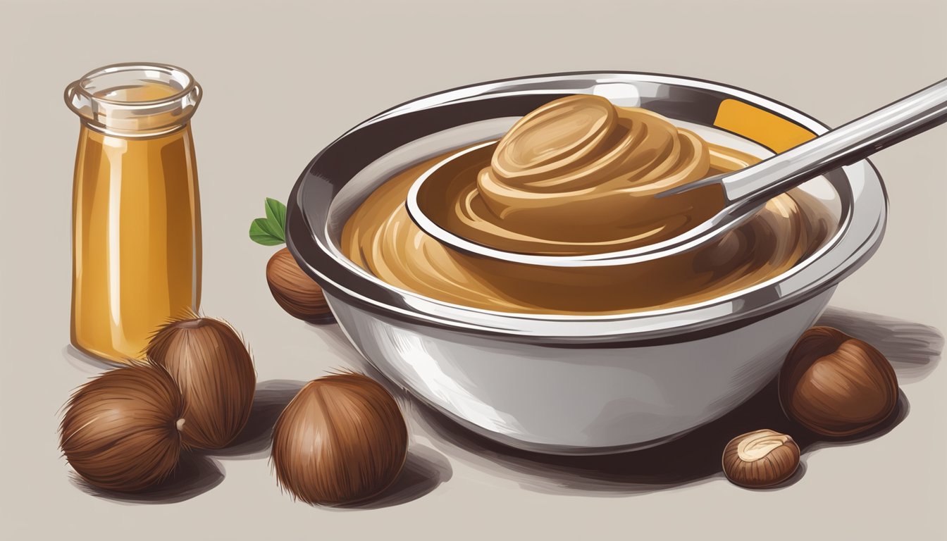 A bowl of chestnuts being blended into a smooth puree, with a measuring spoon and other ingredients nearby