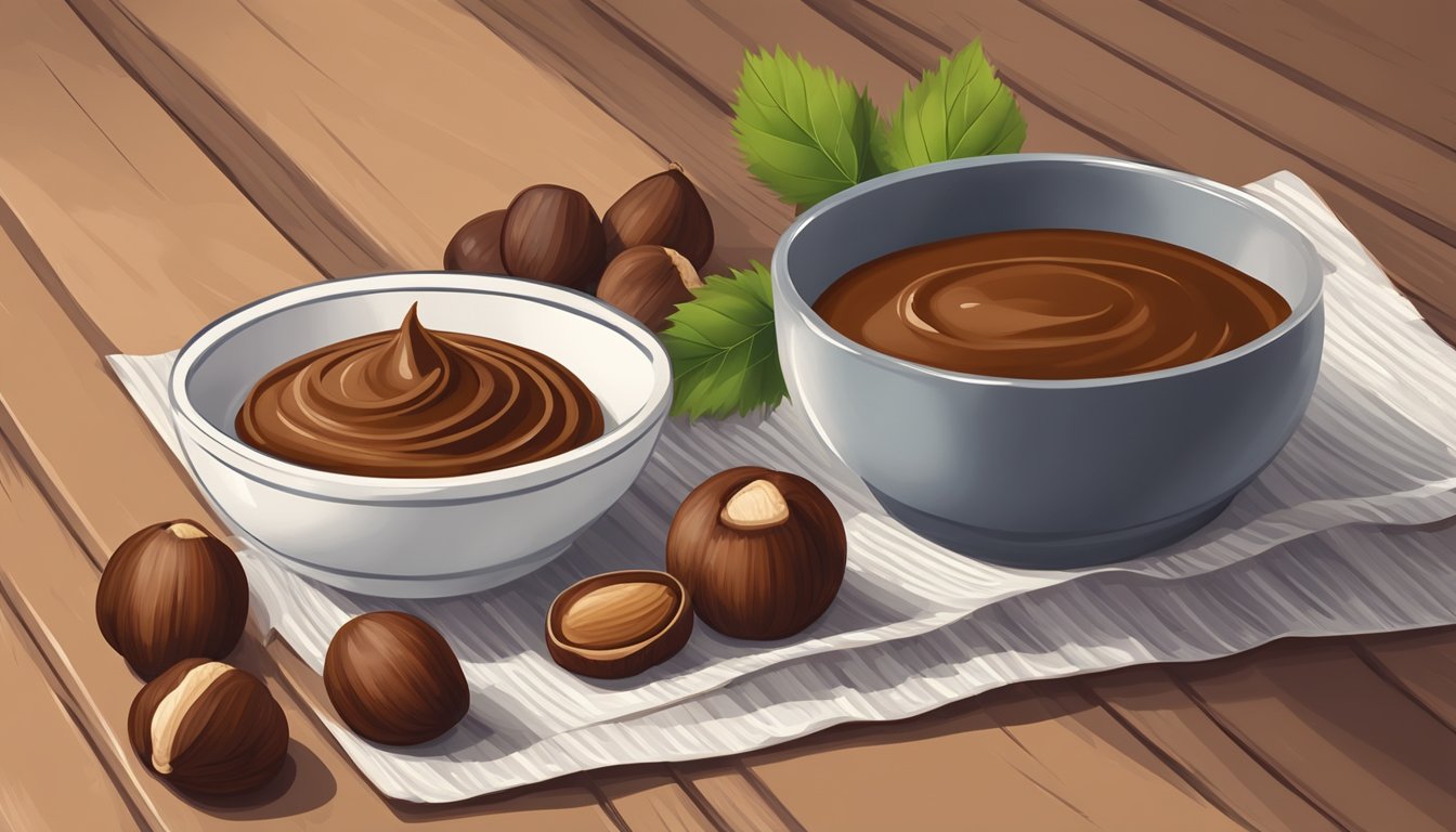 A bowl of smooth chestnut puree sits next to whole chestnuts and a jar of hazelnut spread on a wooden table