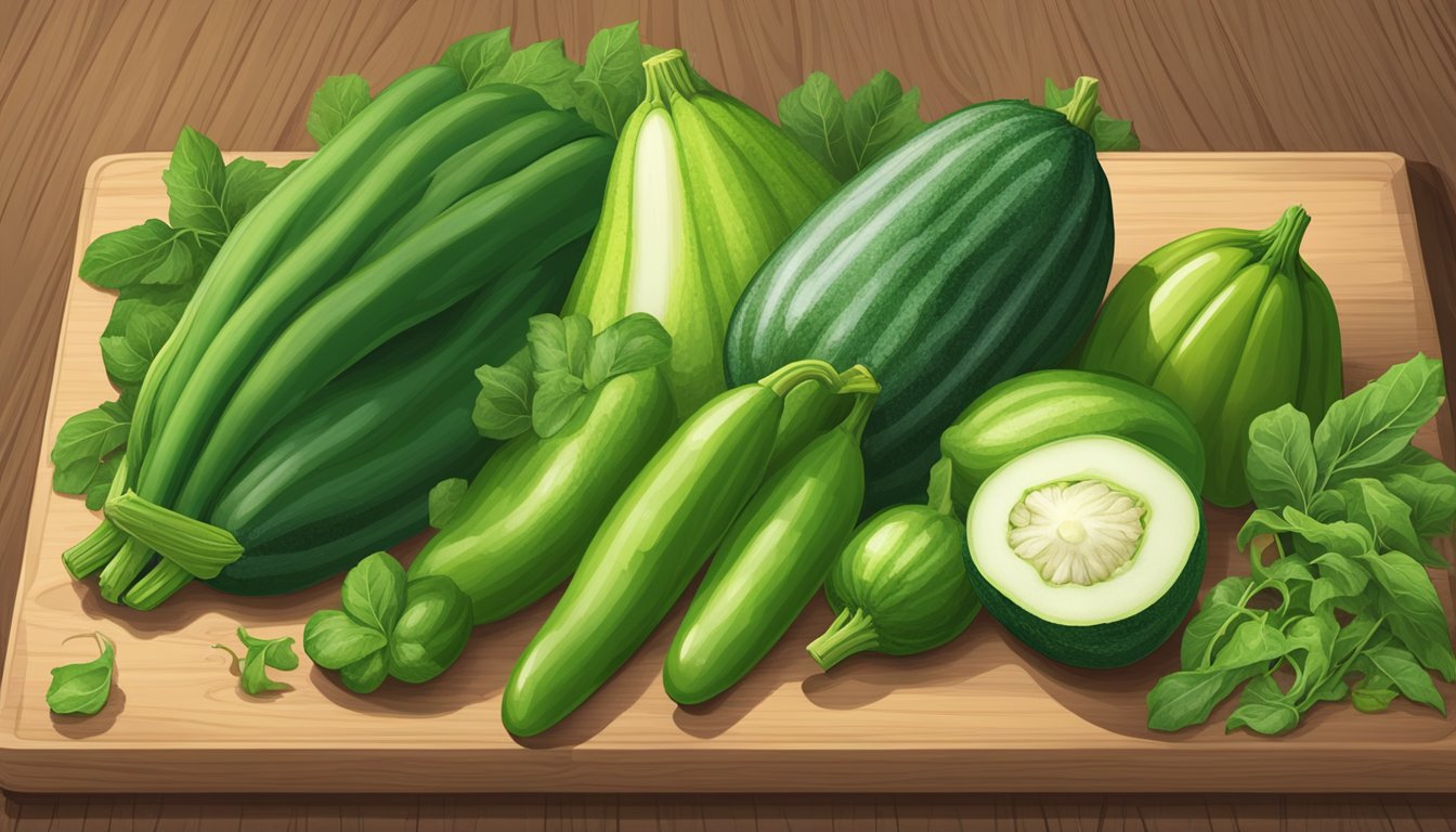 A vibrant bunch of chayote greens arranged next to a variety of vegetable substitutes, such as zucchini, squash, and green beans, displayed on a wooden cutting board