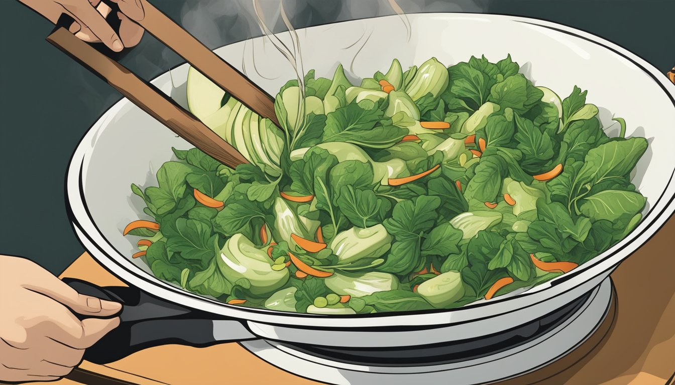 Chayote greens being added to a stir-fry dish, replacing traditional leafy greens, with a chef's hand tossing the ingredients in a sizzling wok