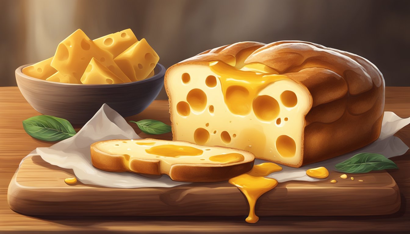 A warm, golden loaf of cheese bread sits on a rustic wooden cutting board, with melted cheese oozing out of the soft, pillowy interior