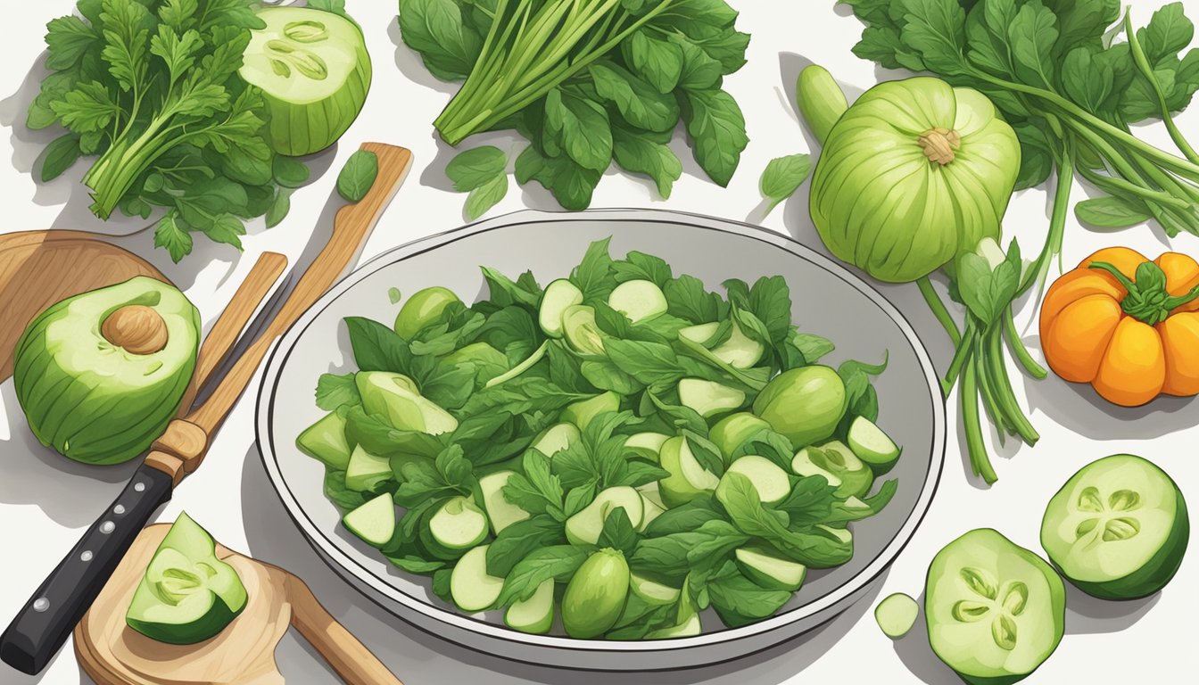 Fresh chayote greens being chopped and added to a vibrant stir-fry, surrounded by colorful vegetables and herbs