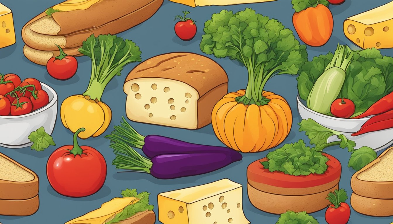 A colorful assortment of vegetables arranged around a loaf of bread, with slices of cheese placed next to them