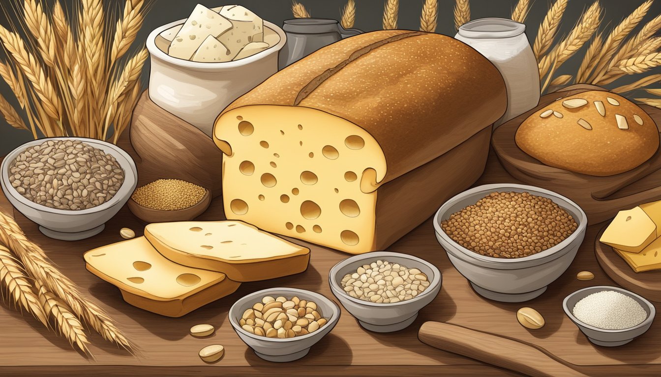 A variety of grains and seeds surround a loaf of cheese bread, showcasing their potential as flour substitutes