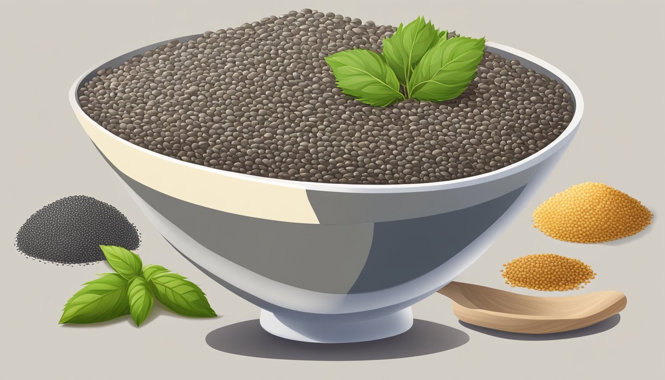 A bowl of chia seeds next to various substitute ingredients like flaxseeds, hemp seeds, and sunflower seeds