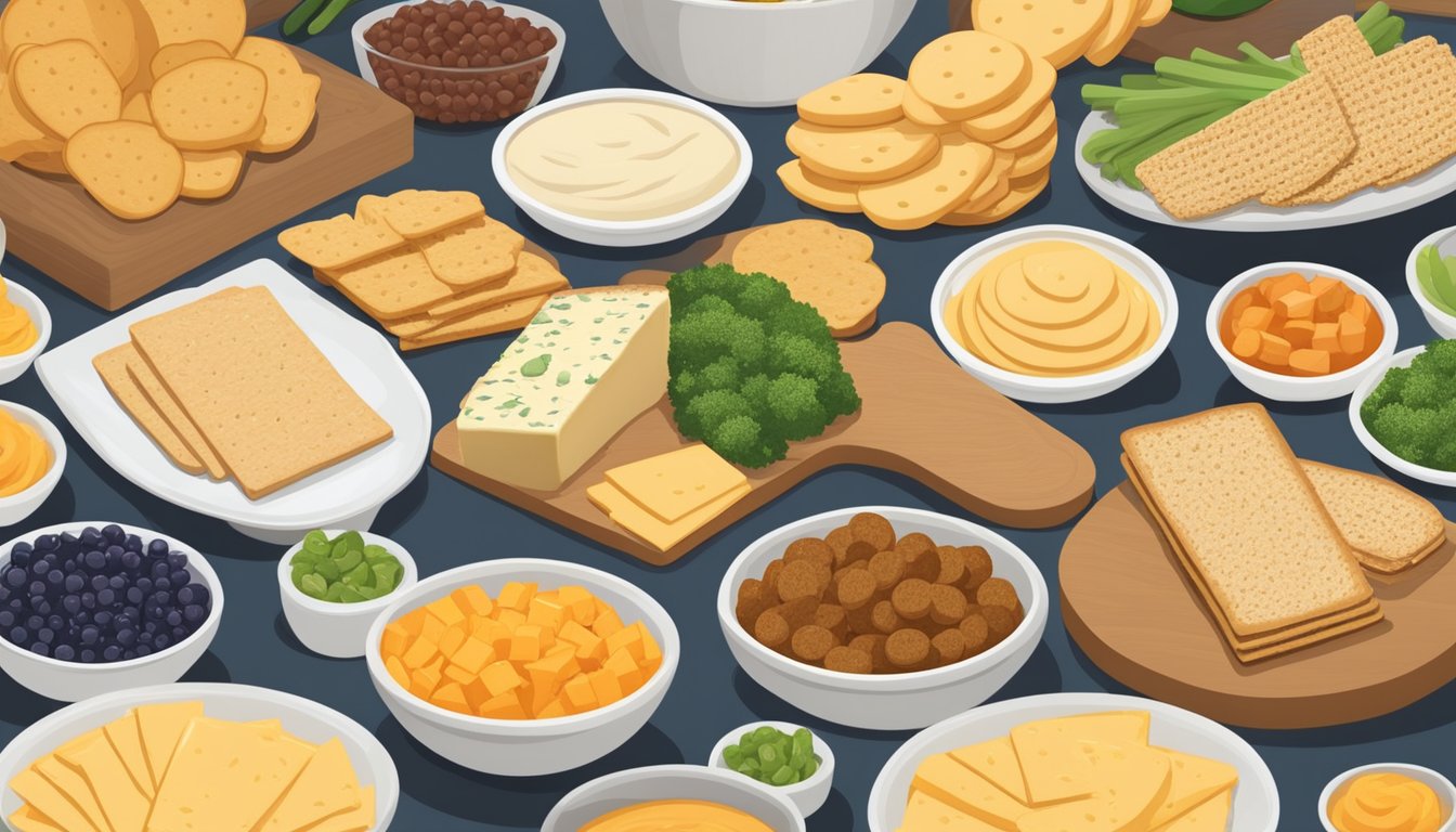 A table spread with a variety of cheese bread substitutes, including sliced vegetables, hummus, and whole grain crackers, arranged in an appetizing display