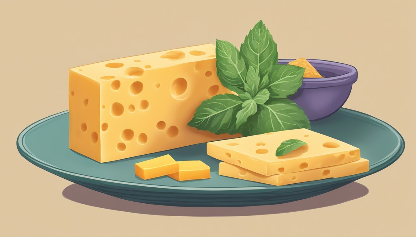 A block of cheddar cheese being replaced by a plant-based cheese substitute in a recipe