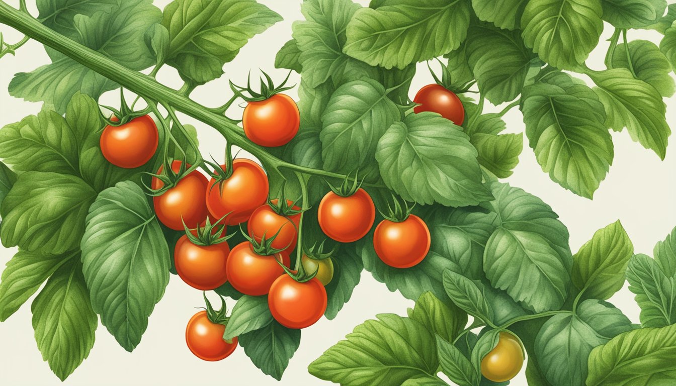 A cluster of ripe cherry tomatoes sits on a vine, surrounded by lush green leaves