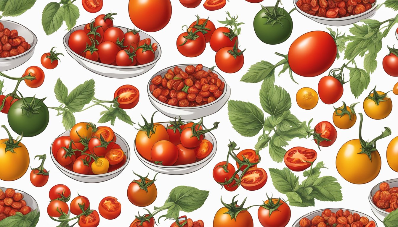 A bowl of cherry tomatoes surrounded by various tomato substitutes like red bell peppers and sun-dried tomatoes