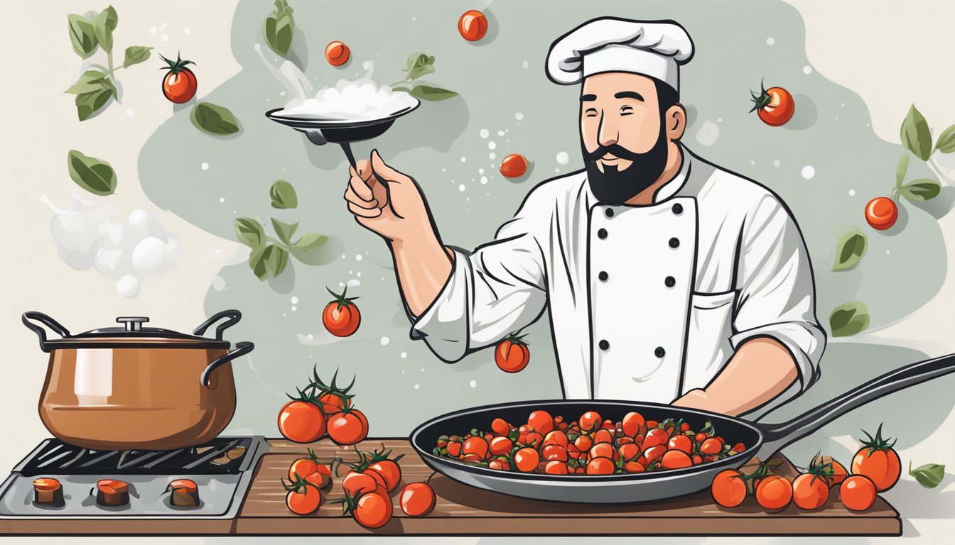 A chef sprinkles cherry tomatoes onto a sizzling skillet