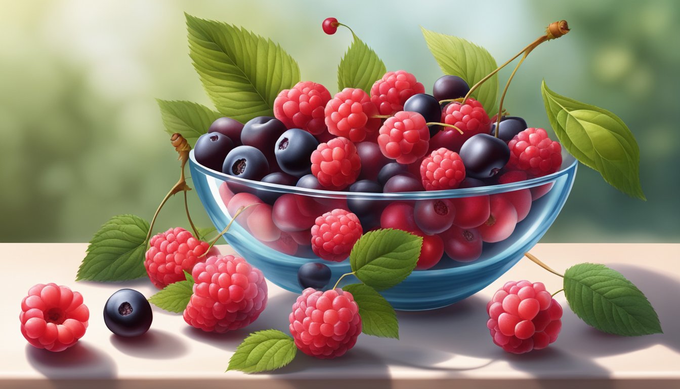 A bowl of cherries surrounded by similar-sized fruits like raspberries, strawberries, and cranberries