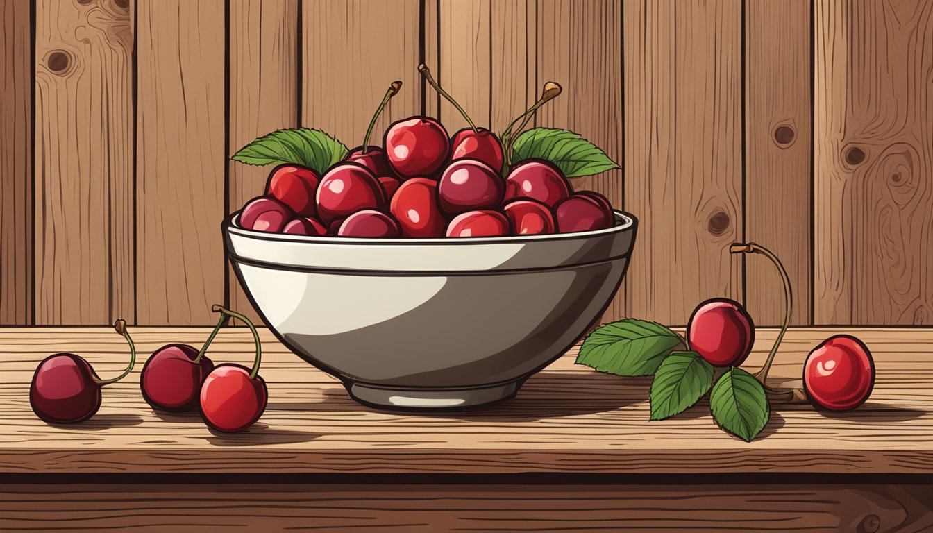 A bowl of specialty cherry substitutes arranged on a wooden table with a rustic backdrop