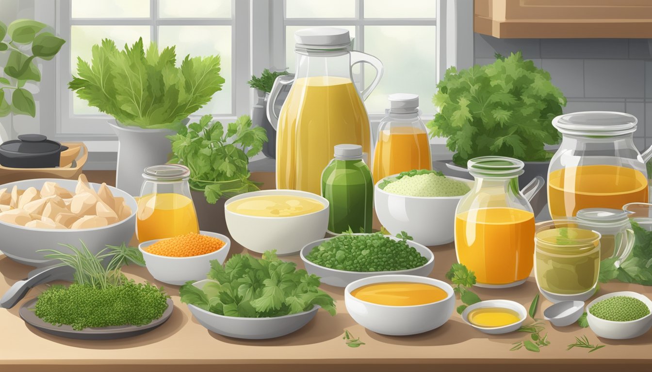 A variety of commercial chicken broth substitutes and concentrates displayed on a kitchen counter, surrounded by fresh herbs and vegetables