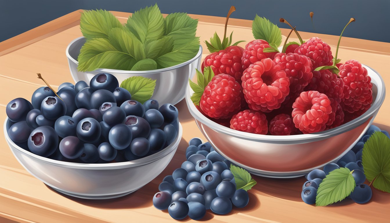 A bowl of cherries is replaced with a bowl of raspberries, blueberries, and strawberries on a kitchen counter