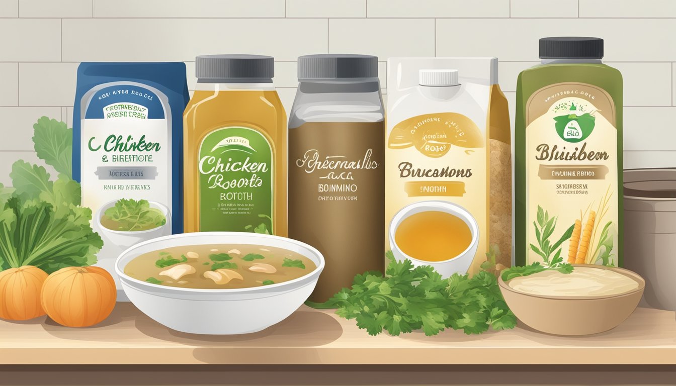 A variety of liquid alternatives to chicken broth, such as vegetable broth, mushroom broth, and miso paste, arranged on a kitchen counter