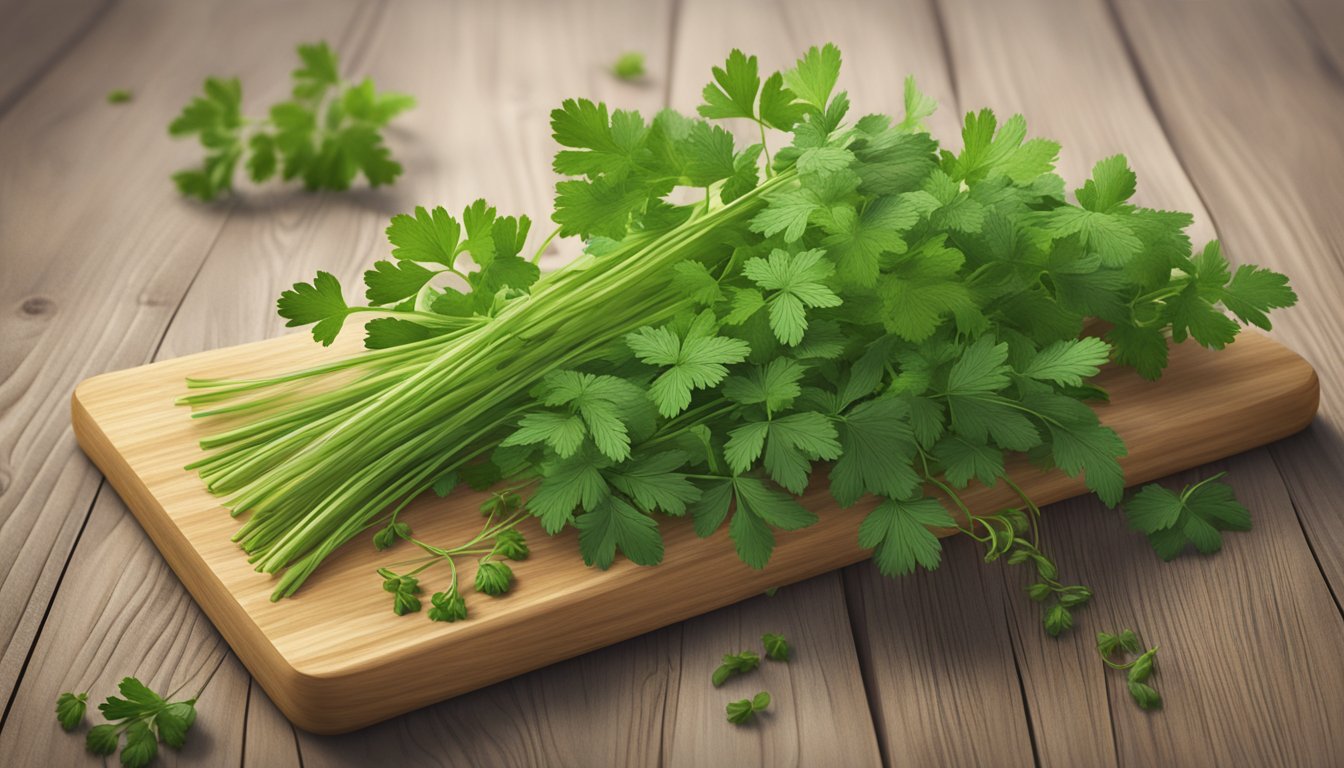 A sprig of fresh chervil nestled among other herbs on a wooden cutting board