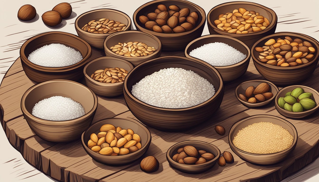 A wooden table with bowls of chestnuts, almonds, and rice, surrounded by bags of flour made from each alternative