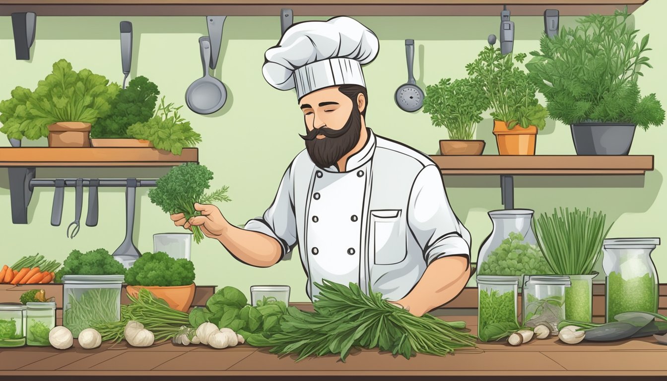 A chef carefully selects from a variety of fresh herbs, considering their aroma and appearance