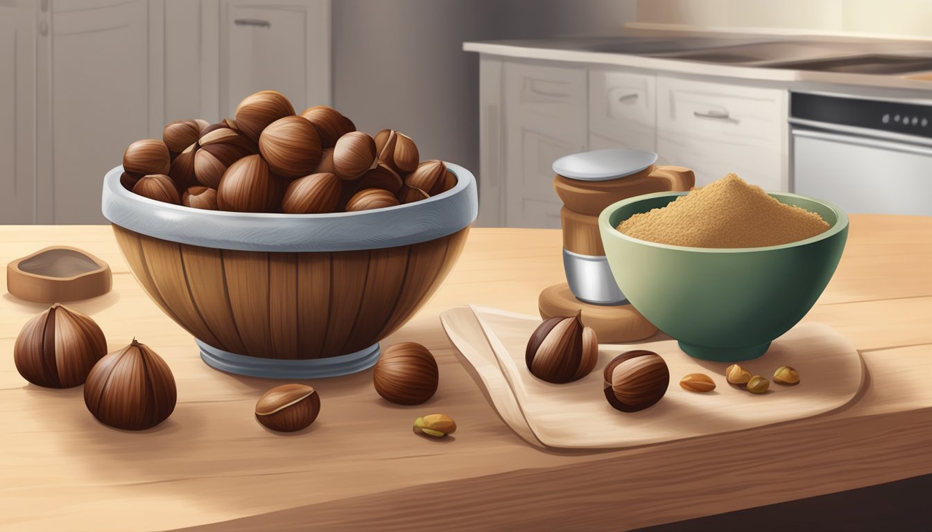 A wooden bowl filled with chestnuts, a sack of chestnut flour, and a measuring cup on a kitchen counter