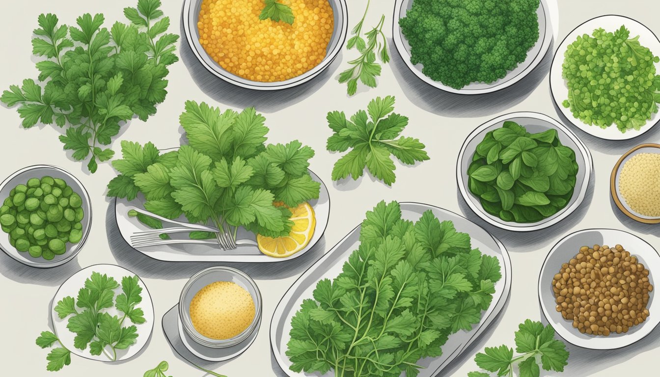 Fresh chervil leaves arranged next to dishes of various cuisines, including French, Italian, and Asian