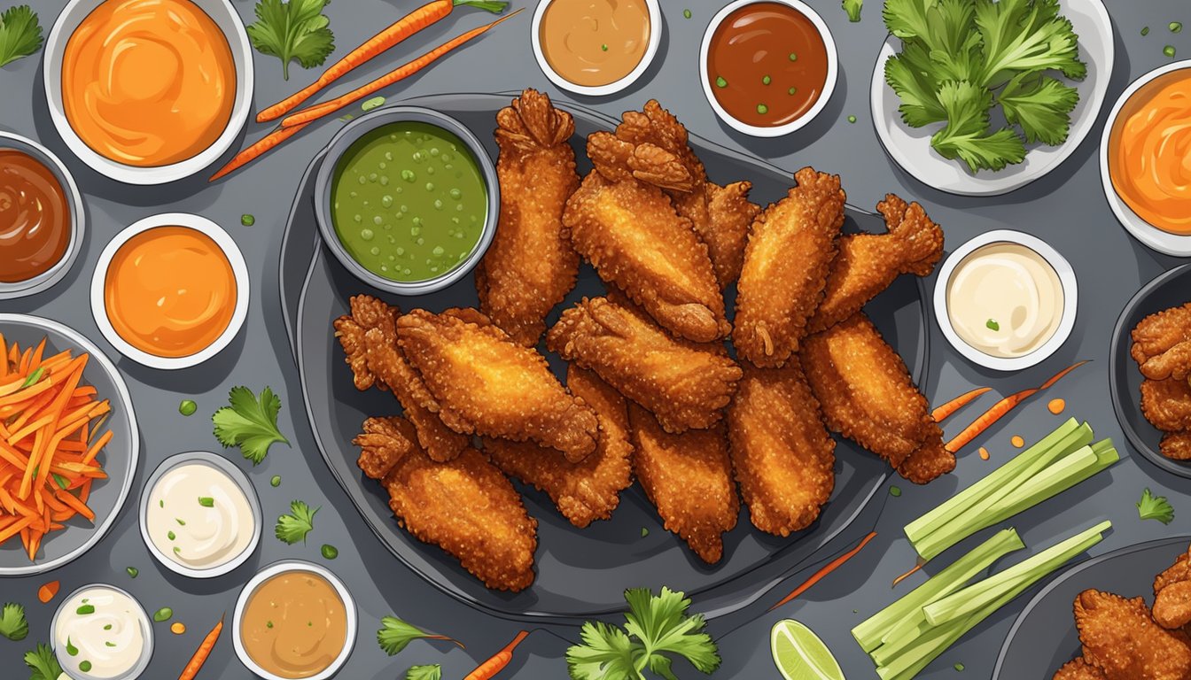 A plate of crispy chicken wings surrounded by various dipping sauces and garnished with celery and carrot sticks