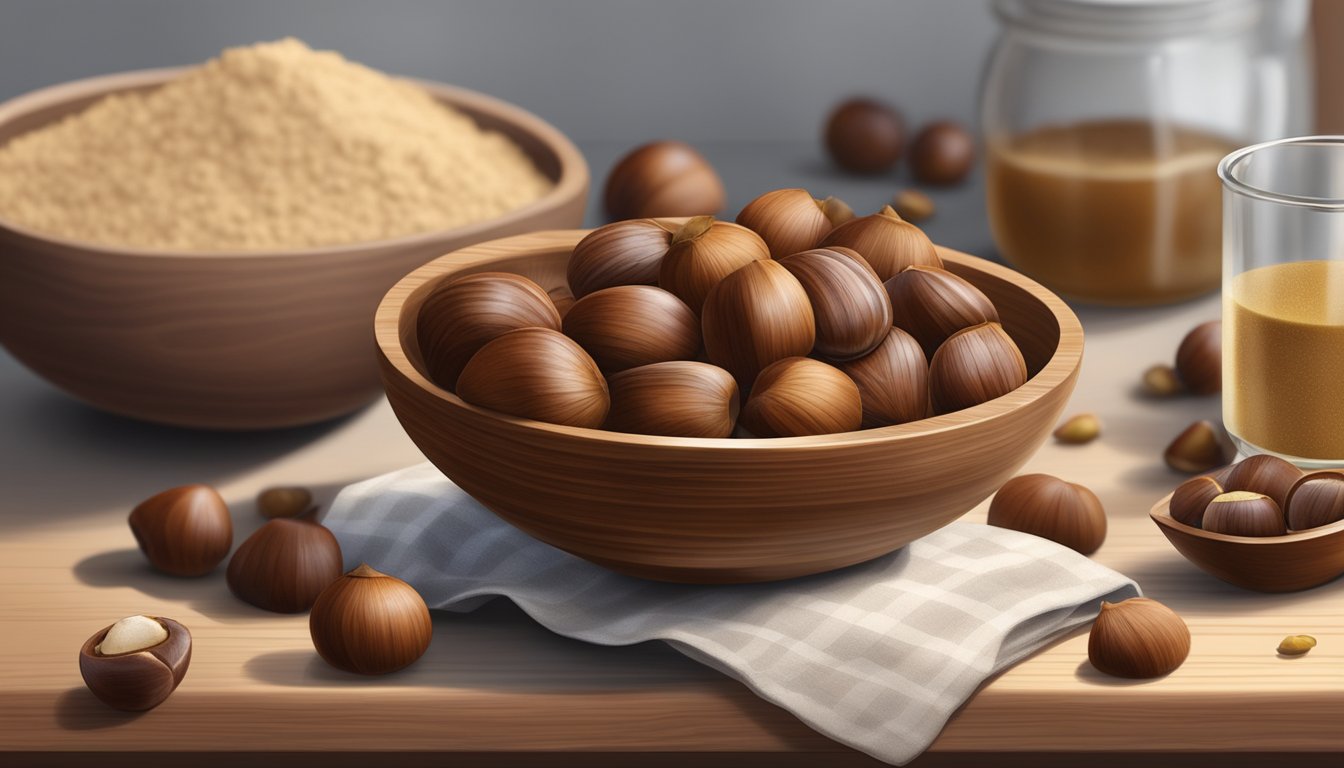 A wooden bowl filled with chestnuts, a chestnut flour bag, and a measuring cup on a kitchen counter