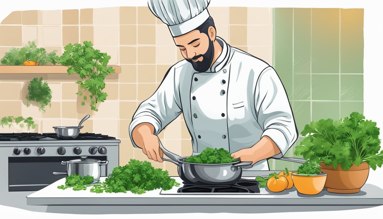 Fresh chervil being replaced with parsley in a recipe, with a chef confidently adding the substitute to a bubbling pot on the stove