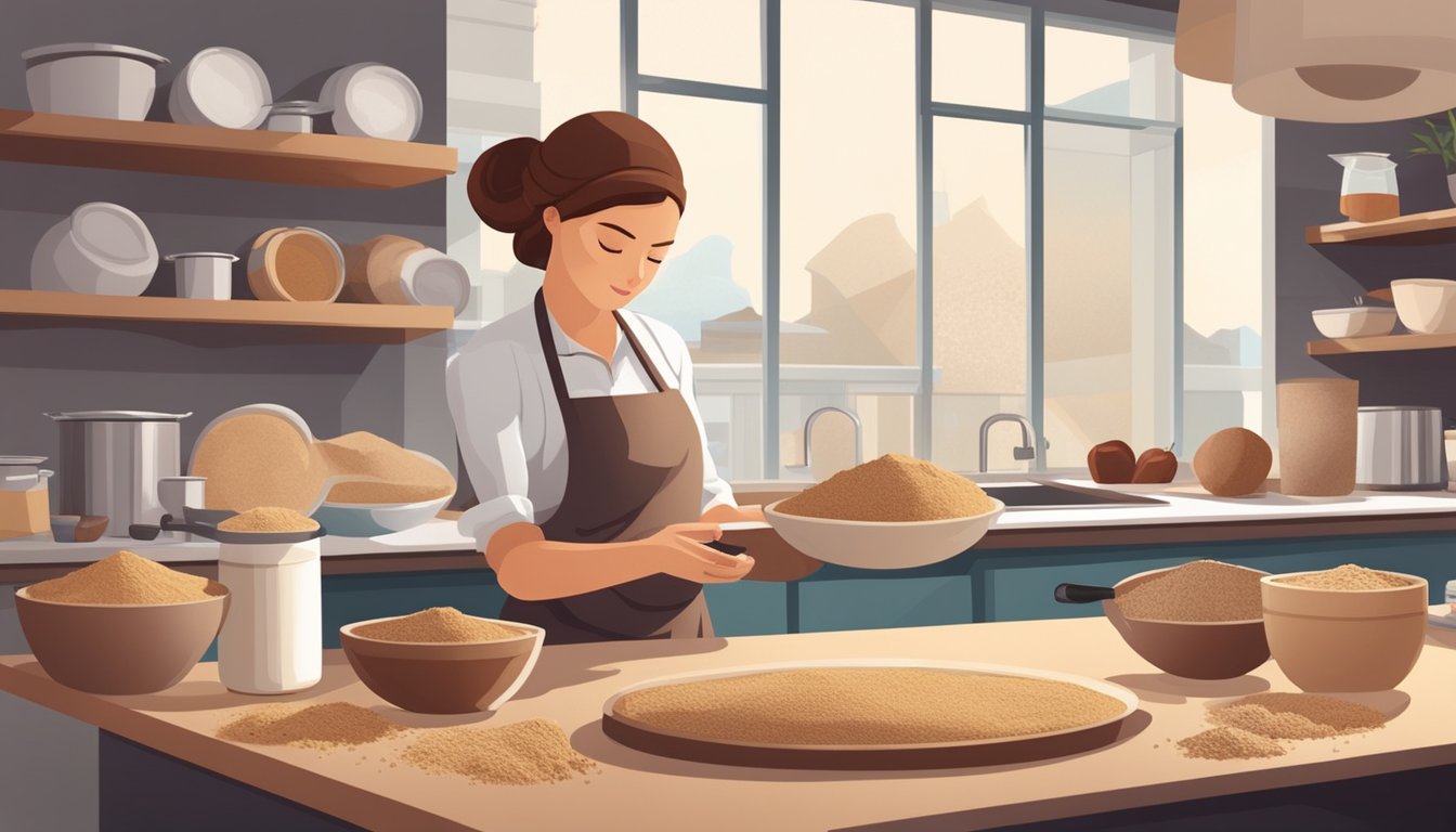 A baker carefully measures and mixes chestnut flour with other ingredients in a modern kitchen, surrounded by various alternative flour options