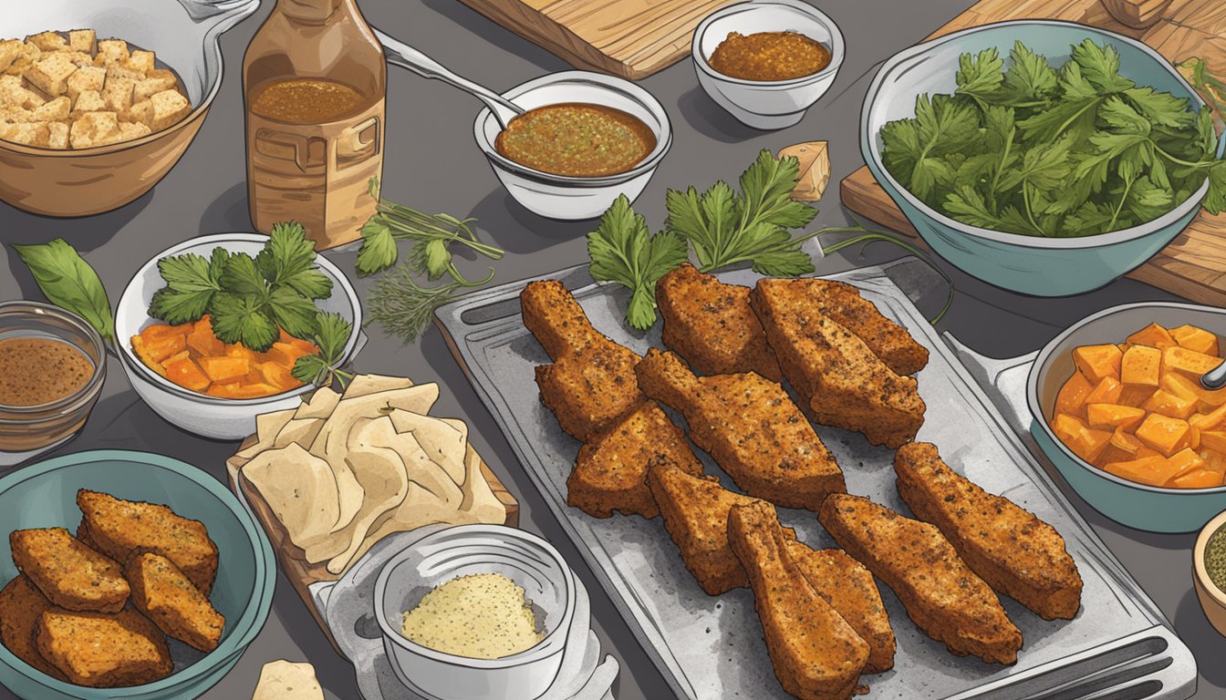 A chef grills tofu and seitan wings, while marinating tempeh wings in a zesty sauce. A variety of herbs and spices sit nearby for seasoning