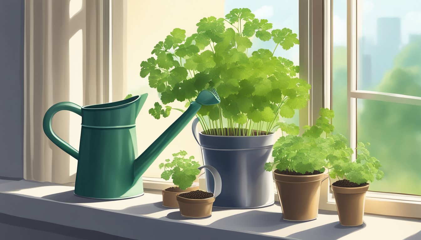 A small pot with soil, chervil seeds, and a watering can on a sunny windowsill