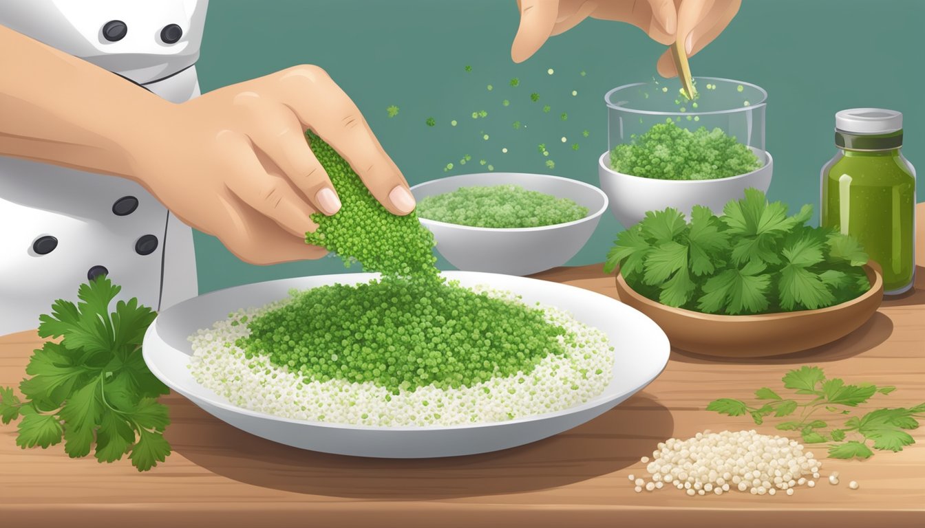 A chef sprinkles fresh chervil over a dish, replacing the original ingredient