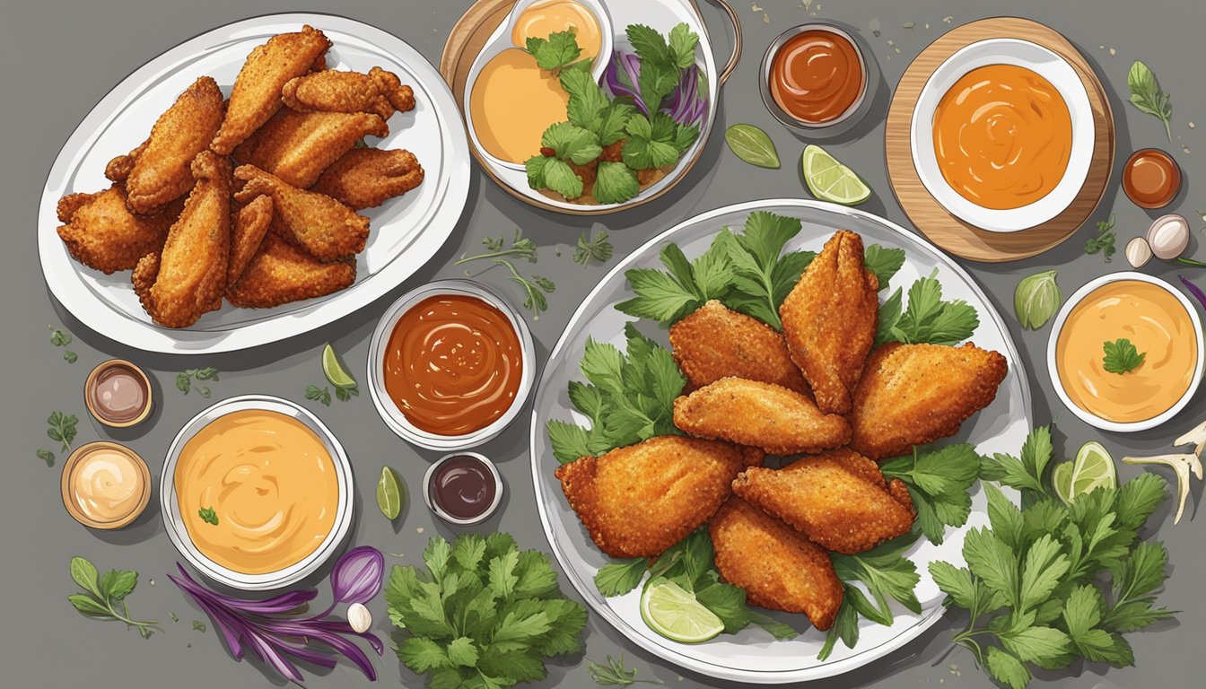 A platter of crispy chicken wing alternatives surrounded by various dipping sauces and garnished with fresh herbs