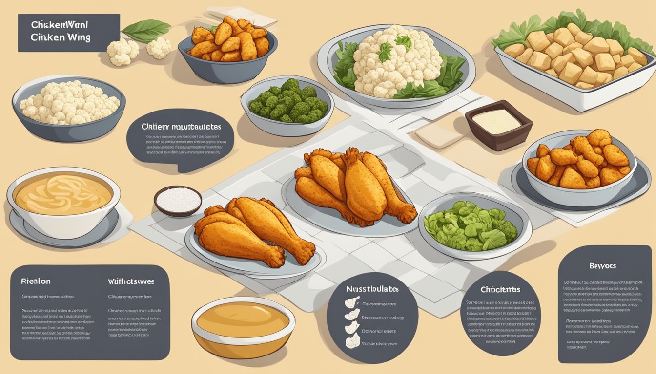 A table with various chicken wing substitutes, such as cauliflower and tofu, surrounded by nutritional information labels and dietary considerations icons