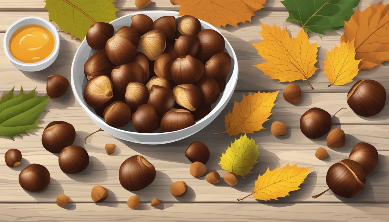 A bowl of chestnuts and various alternative substitutes arranged on a wooden table, surrounded by scattered fallen leaves