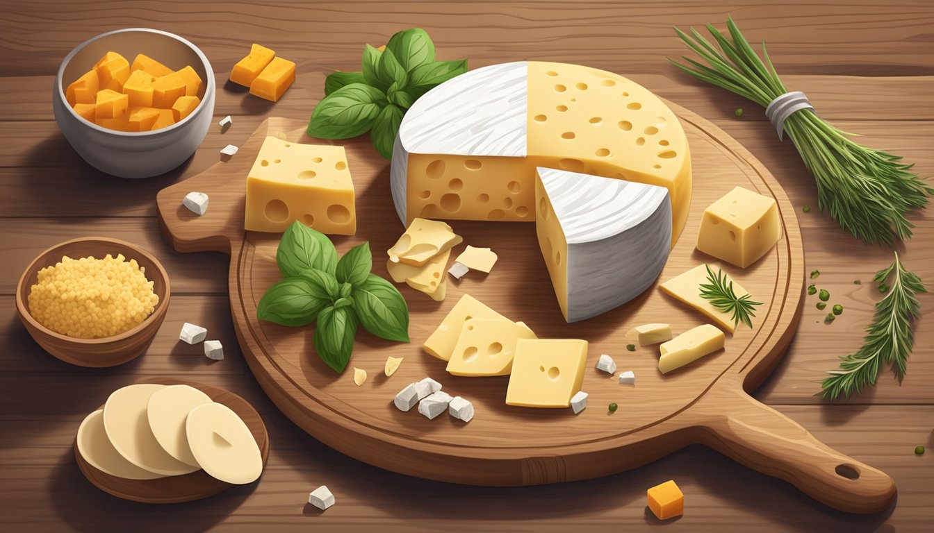 A wheel of Chihuahua cheese surrounded by various cheese substitutes on a wooden cutting board, with a knife and some herbs scattered around