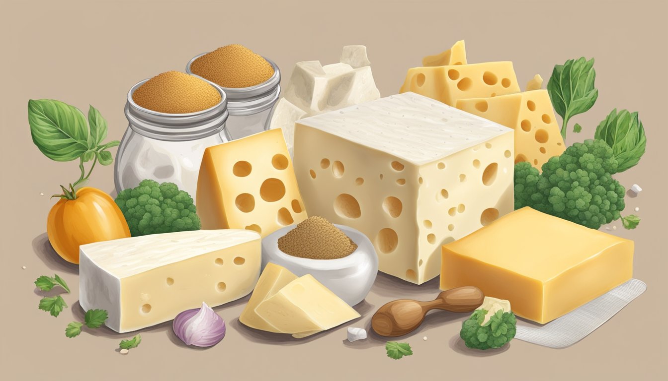 A block of chihuahua cheese substitute surrounded by various dairy-free ingredients and a grater