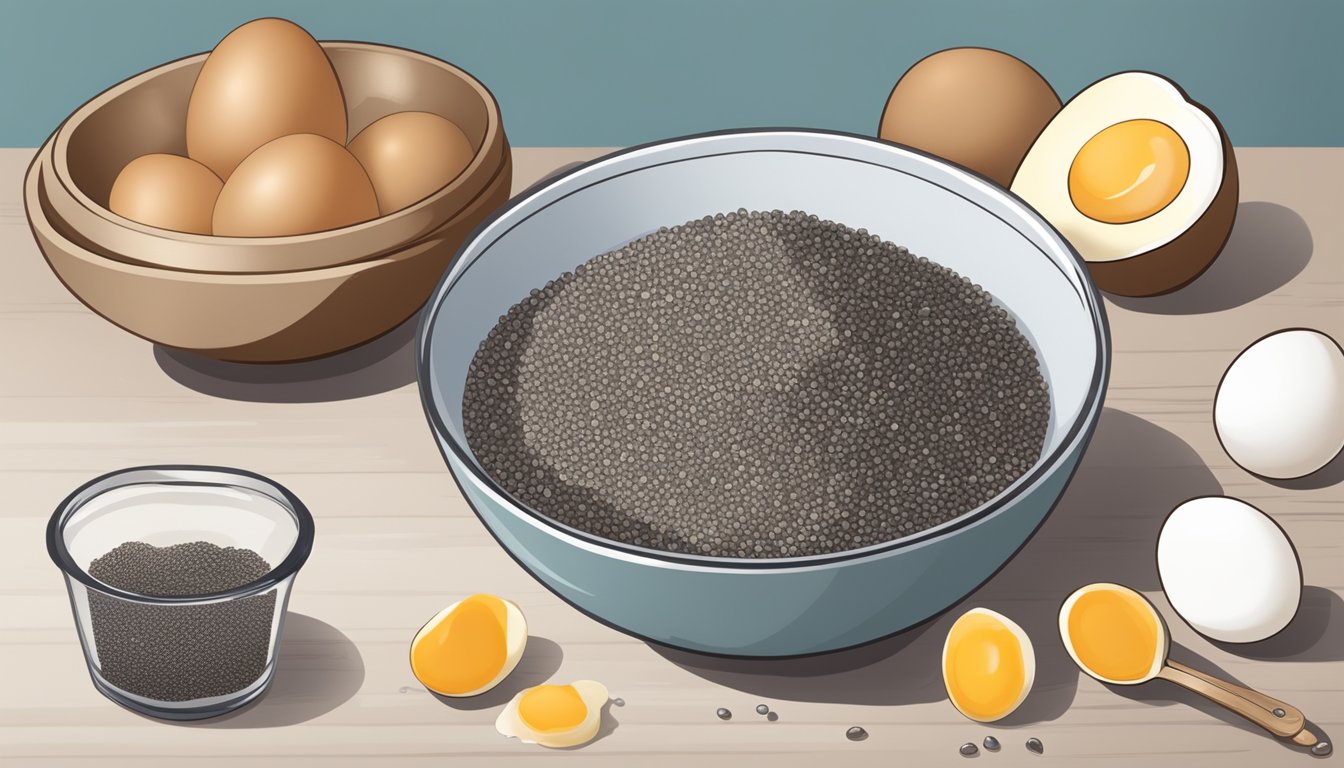 A bowl of chia seeds soaking in water, with a measuring spoon and eggshell nearby. A nutritional label and a list of health benefits are visible in the background